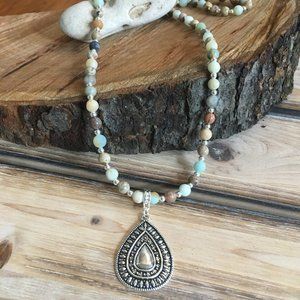 Long natural gemstone necklace jasper & amazonite
